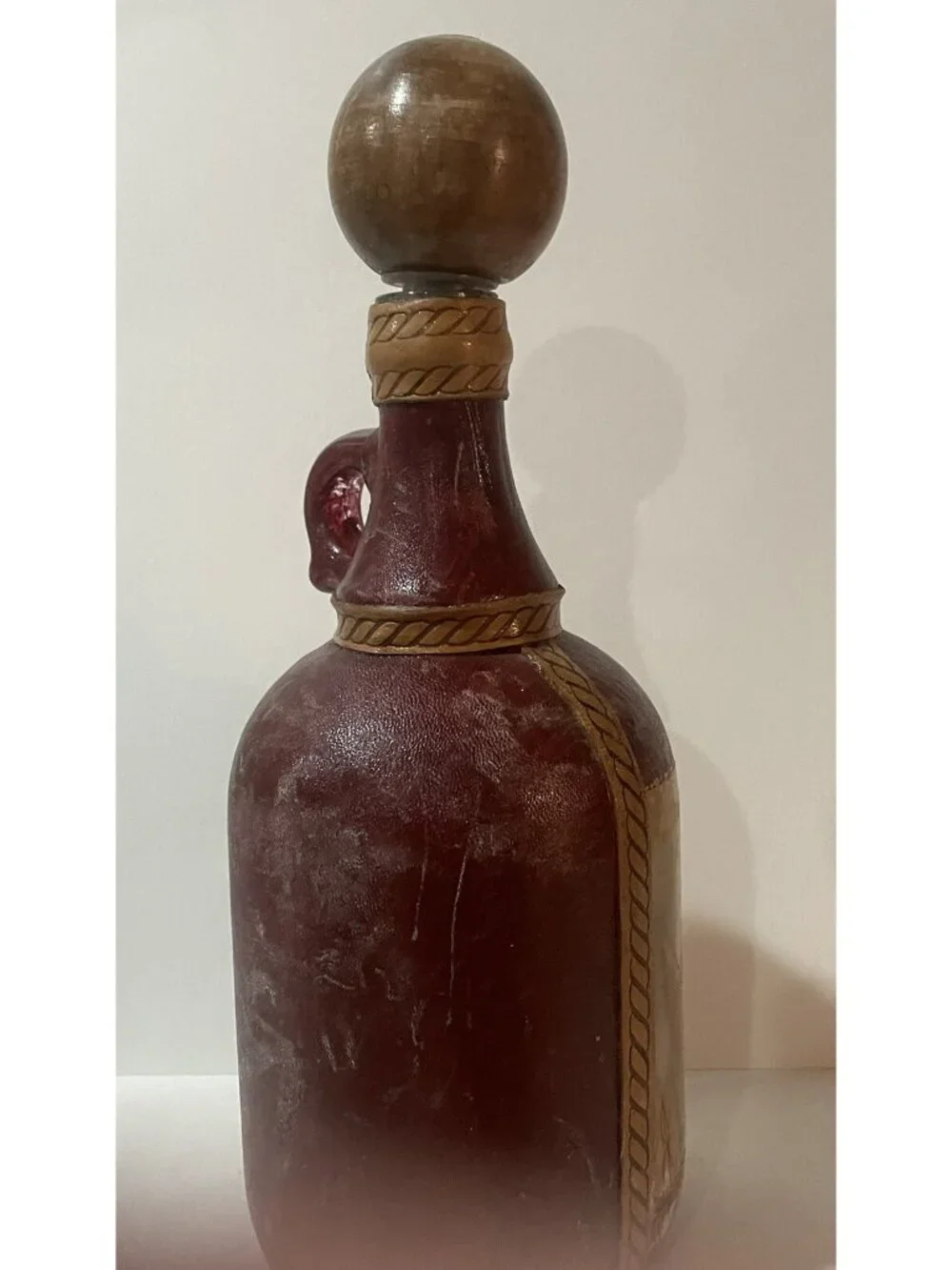 Fausto Corduri-Leather Wrap Nautical Liquor Bottle w Clipper Ship Flag Wood Top